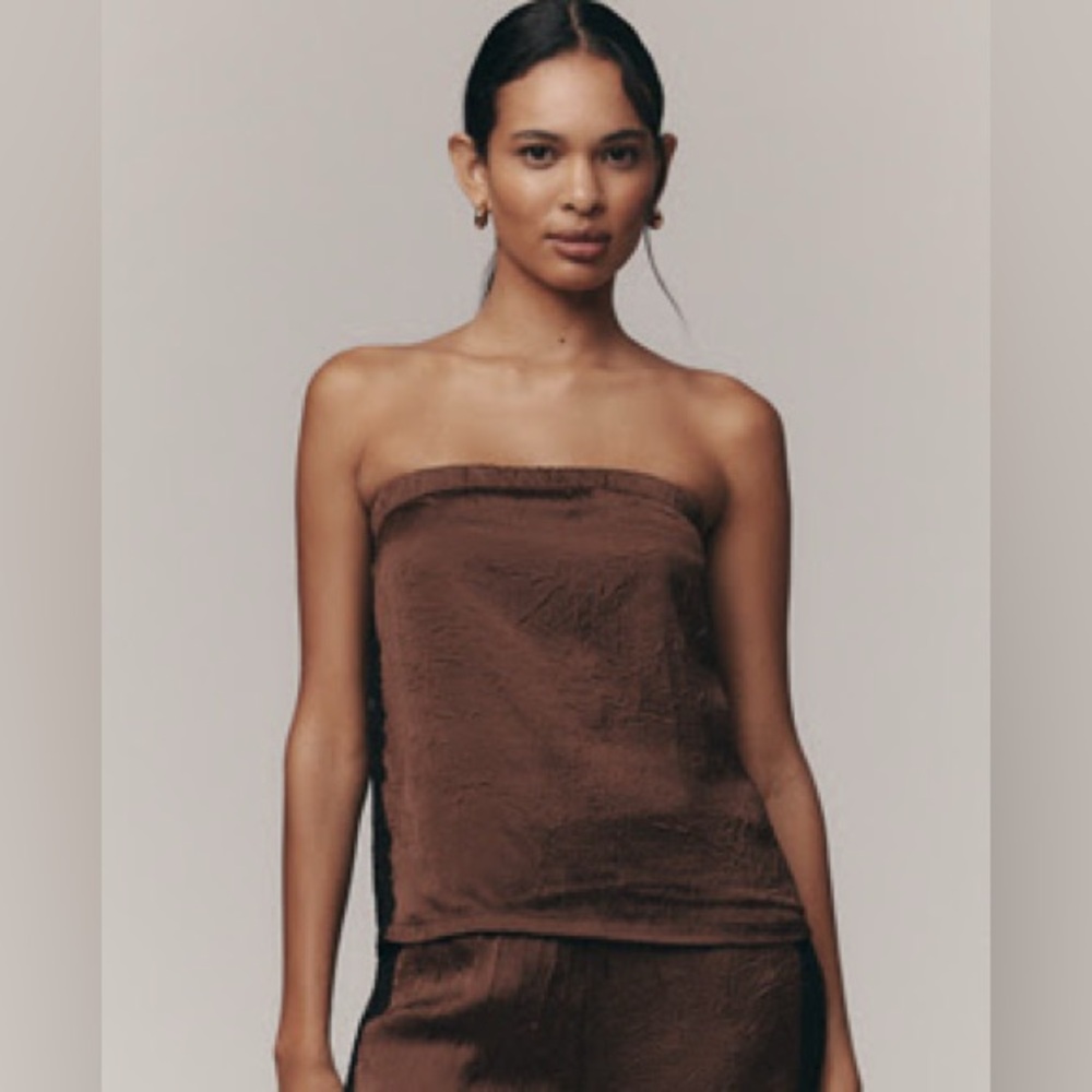 Anthropologie Chocolate Satin Strapless Top with Lace Detail - Picture 5 of 5